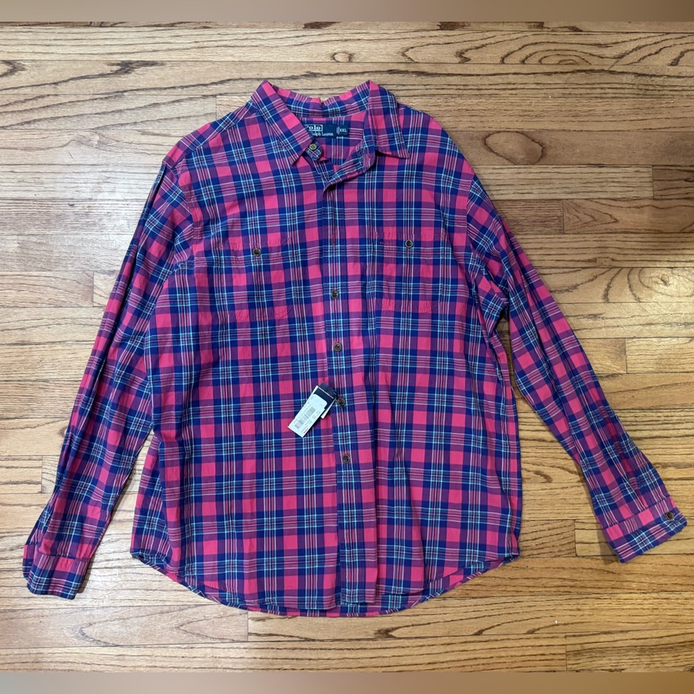 Men’s Polo By Ralph Lauren NWT Red and Blue Plaid Button Down Shirt XXL